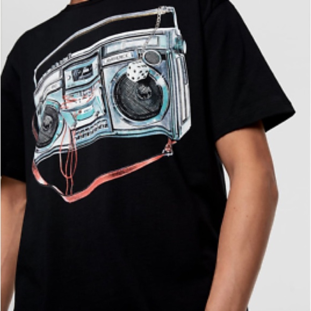 Zara Black Graphic T-Shirt with Boombox Design